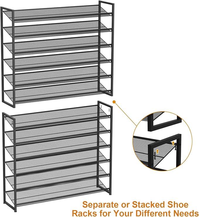 Large Shoe Rack 12 Tier Shoe Organizer, Heavy Duty Metal 6-Tier Stackable Shoe Storage Vertical Shoe Rack for Closet Front Door Entrance, Up to 75 Pairs, 44.8" W x 11.4" D x 85.1" H, Black