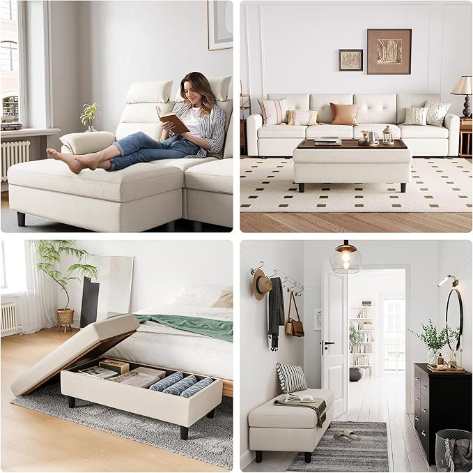 LINSY HOME 46 Inches Wide Storage Ottoman Bench, Linen Coffee Table Folding Long Shoes Bench Footstool, Storage Chest, Foot Rest Stool, for The Living Room, Entryway and Family Room, Beige
