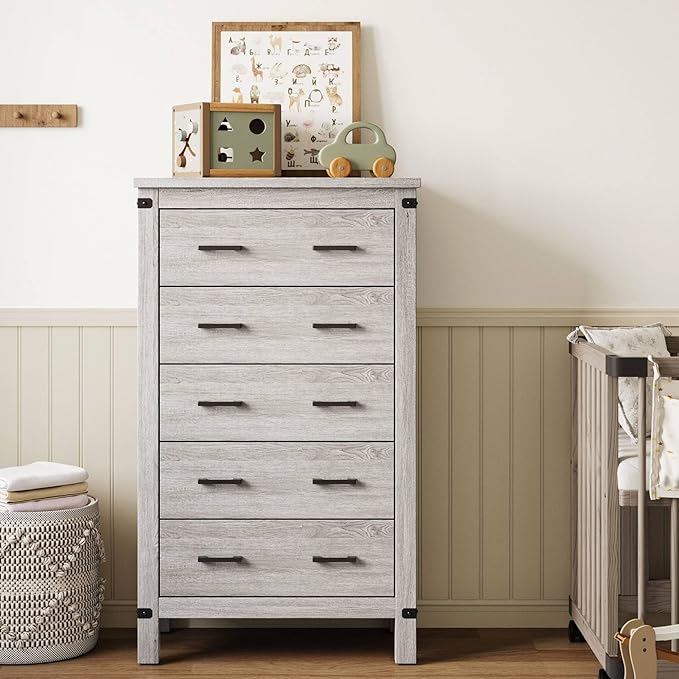 LINSY HOME Farmhouse 5 Drawer Dresser for Bedroom, 46” Tall Rustic Wood Chest with Deep Drawers, Modern Dressers with Spacious Storage and Metal Handles for Closet, Living Room, Hallway, Wash Grey