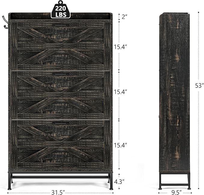 Vibe & Dine Farmhouse Shoe Storage Cabinet - Freestanding Narrow Shoe Rack with Metal Legs, Dark Rustic Oak