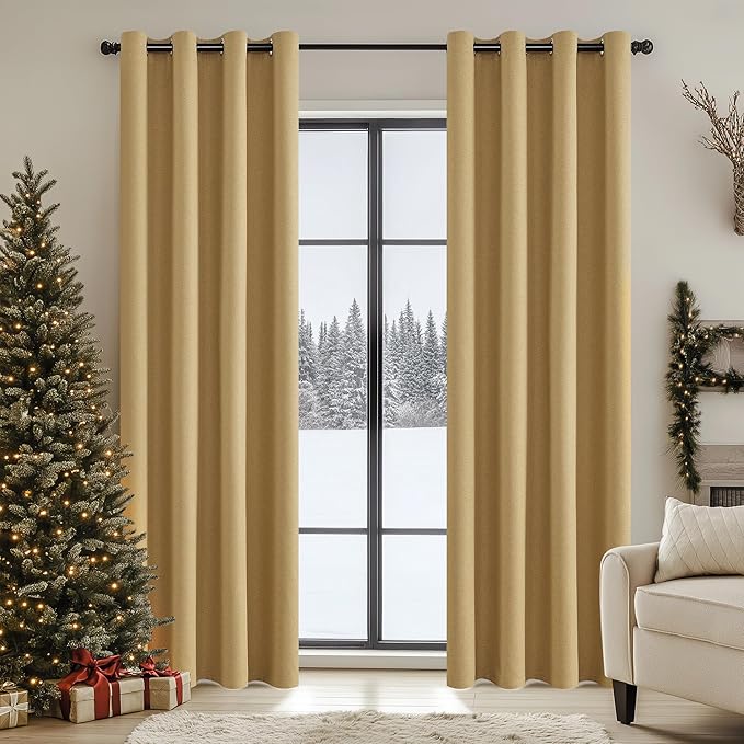 ChrisDowa 100% Blackout Mustard Yellow Solid Curtains 84 Inches Long 2 Panels for Bedroom Living Room,Farmhouse Room Darkening Thermal Insulated Soundproof Grommet Top Window Treatment Drapes,52x84