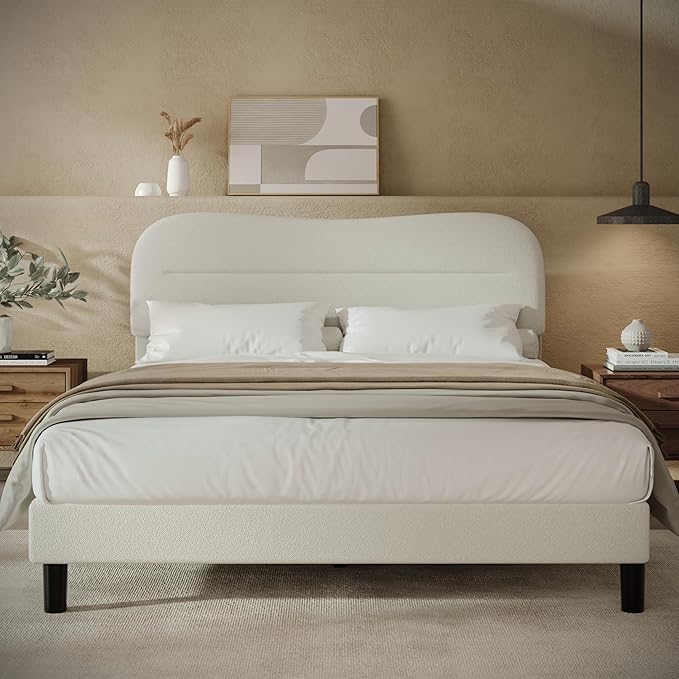 Queen Size Bed Frame with Headboard, upholstered Bed Frame Queen Size, Teddy Soft Boucle Fabric, Soft Cloud Marshmallow Shape Headboard, No Box Spring Needed, Noise Free (White)