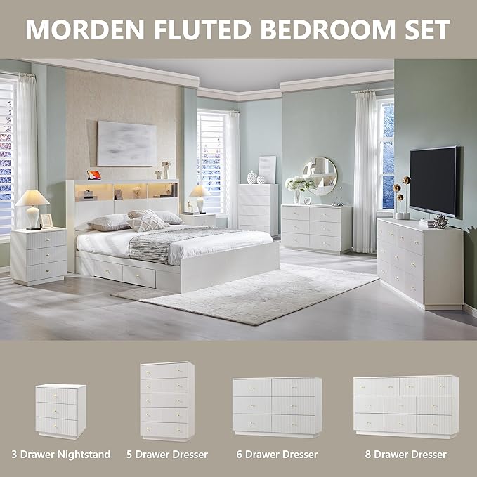 Fluted Dresser for Bedroom, 55" W White 8 Drawer Dressers, Wood Tall Dresser Storage Organizer, Modern Bedroom Chest of Drawer with Deep Storage for Closet Hallway, Entryway, Living Room White