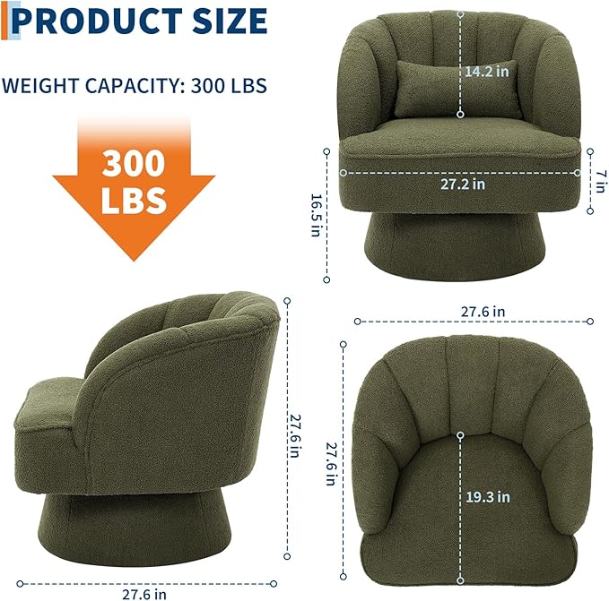 GarveeHome Modern Swivel Barrel Accent Chair, 360° Teddy Fabric Upholstered Armchair with Striped Backrest & Plush Padding, Comfy Round Lounge Chair for Living Room, Bedroom, Reading Nook, Green
