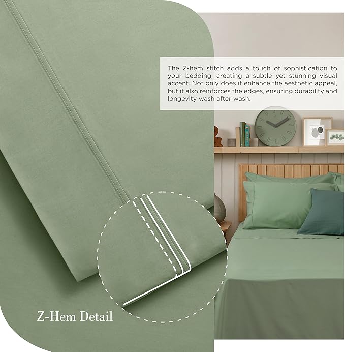 Linen Home 100% Cotton Percale Sheets King Size, Oil Green, Deep Pocket, 4 Pieces Set - 1 Flat, 1 Deep Pocket Fitted Sheet and 2 Pillowcases, Crisp Cool and Strong Bed Linen