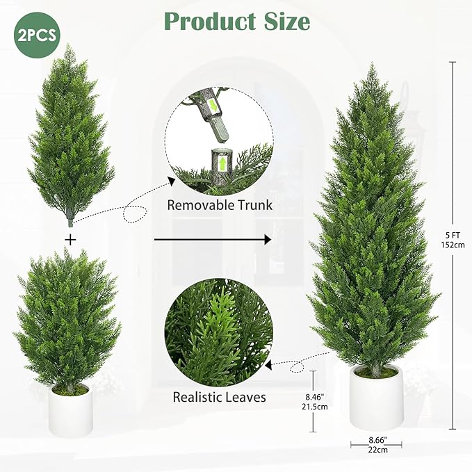Briful 2PCS 5ft Artificial Cedar Topiary Trees in White Planter – Tall Faux Evergreen Potted Plants, Indoor Outdoor Fake Shrubs, Lifelike Fake Trees for Home, Office, Patio, Porch, Entryway
