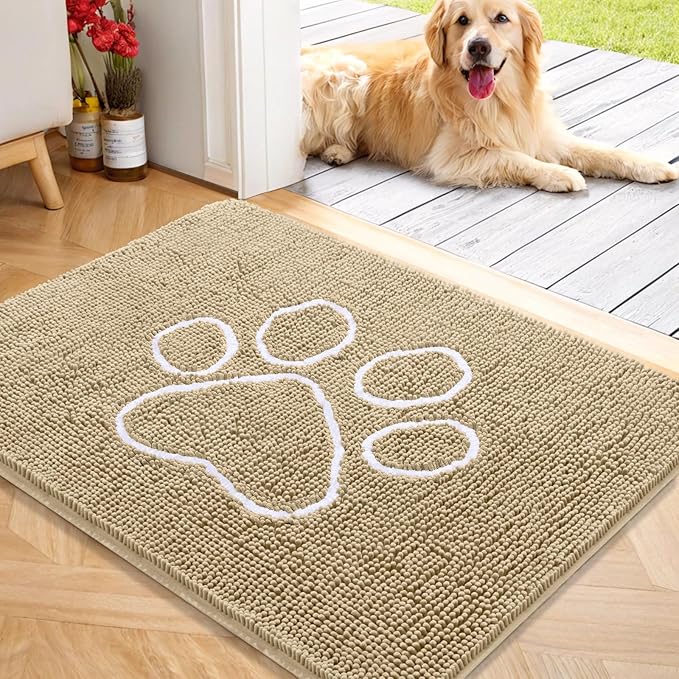 OLANLY Dog Door Mat for Muddy Paws 40x32, Paw Print Design, Absorbs Moisture and Dirt, Absorbent Non-Slip Washable Doormat, Quick Dry Chenille Mud Mat for Dogs, Entry Indoor Entryway Carpet, Beige