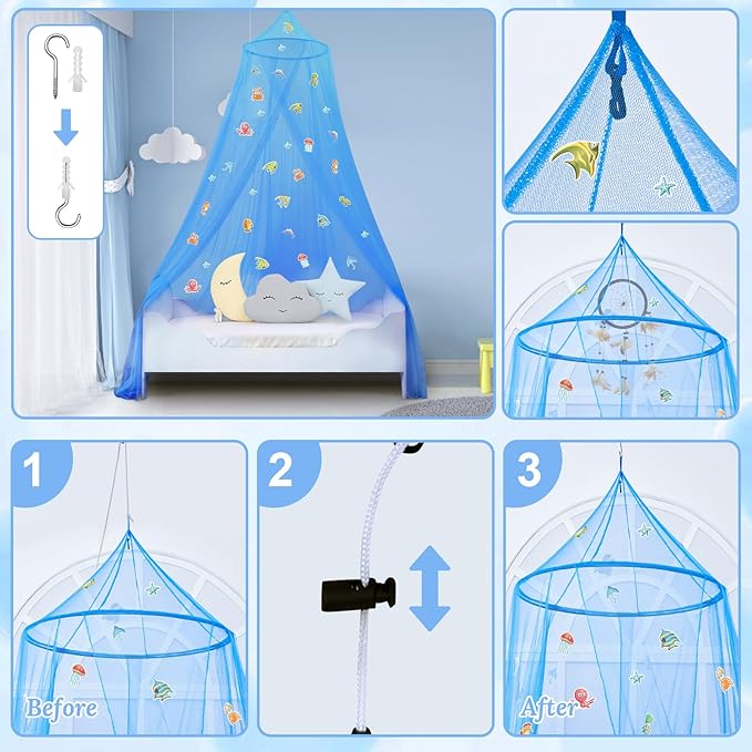 South to East Bed Canopy for Children with Glowing Marine Life, Blue Bed Curtains for Kids & Toddler Beds, Twin, Full & Queen, Mosquito Net Canopy for Boys Bedroom