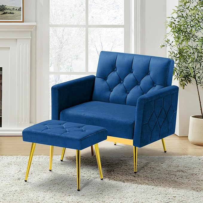 Velvet Accent Chair w/Adjustable Armrests and Backrests, Tufted Single Sofa with Ottoman, Upholstered Reading Chiar for Living Room, Apartment, Bedroom, Blue
