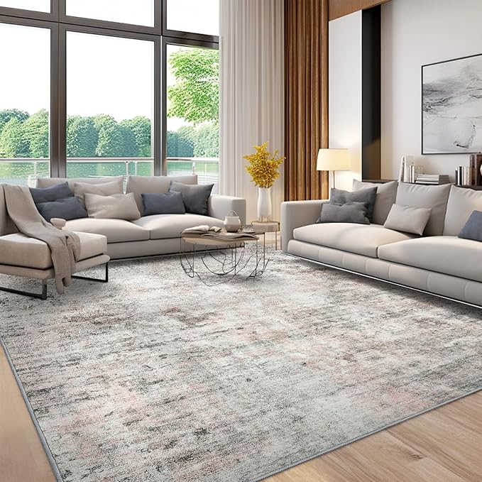 6x9 Abstract Area Rugs for Living Room 6 x 9 Washable Grey Pink Non Slip Low Pile Rugs for Bedroom Dining Room Foldable Thin