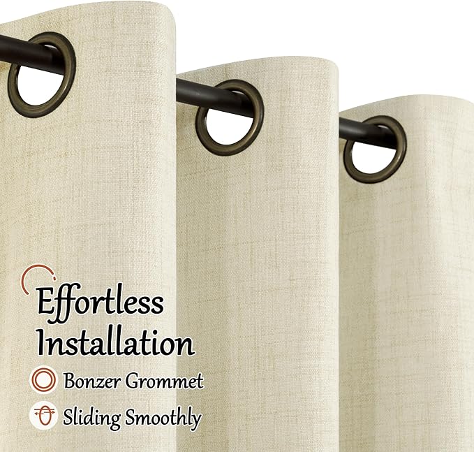 Short Linen Blackout Curtains 45 Inch Length 2 Panels, Thermal Insulated Total Light Blocking Window Curtains for Farmhouse Bedroom Basement, Bronze Grommet, Cream, Each 52" Wide