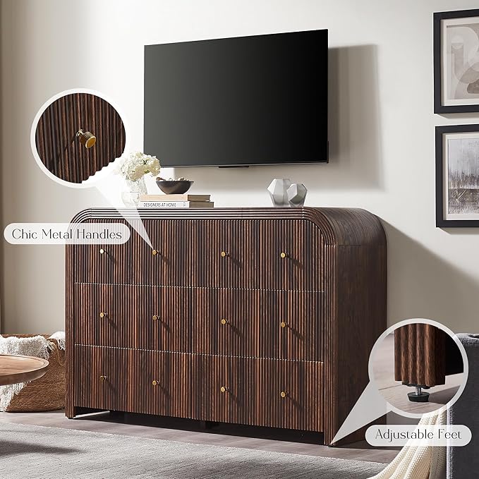 T4TREAM Fluted Dresser for Bedroom with 6 Drawers, 54" Wide Modern Chest of Drawers with Thickened Curved Profile Design, Wood Dressers TV Stand for Bedroom, Living Room, Hallway, Dark Walnut
