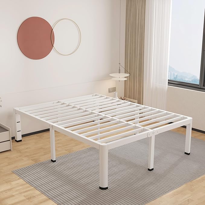 ROIL 14 Inch White California King Bed Frame with Rounded Corner and Headboard Hole Mattress Retainers, 3500LBS Heavy Duty Steel Slats No Box Spring Needed Platform Noise-Free Easy Assembly