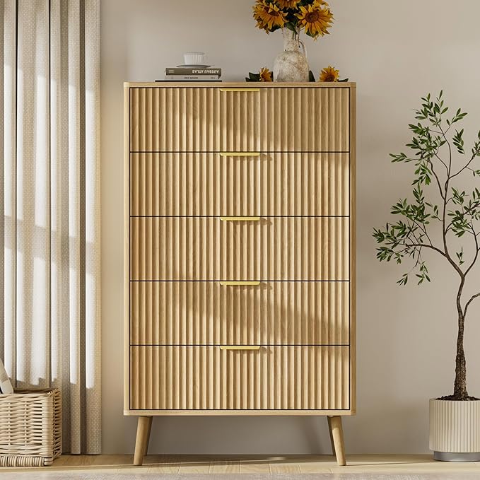 LYNSOM Fluted 5 Drawers Dresser, 45" Tall Modern Chest of Drawers with Curved Profile Design and Metal Handle, Wood Drawer Organizer for Bedroom, Living Room, Hallway, Entryway, Oak