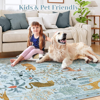 OJIA Animal Area Rugs 8x10, Soft 8x10 Washable Rugs for Living Room Bedroom, Non-Slip Boho Ultra-Thin Dining Room Rug Large Throw Carpet for Farmhouse Playroom Office, Light Blue