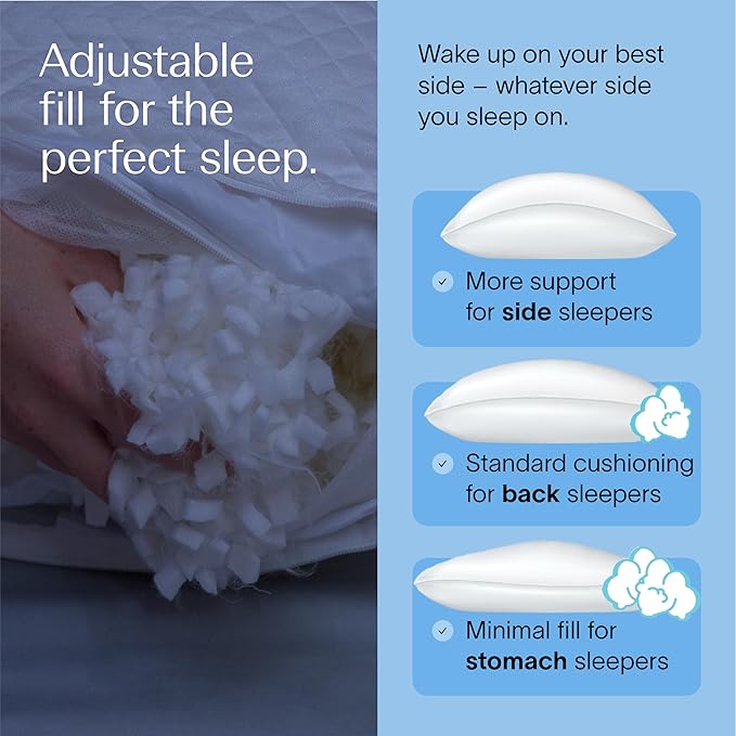 DreamyBlue Moon Pillow • Adjustable Loft, Luxury Cover, Shredded Memory Foam • for Back, Side and Combination Sleepers • Neutral Alignment for All • CertiPUR-US Certified Foam (Queen)