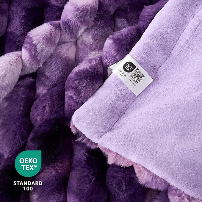 Cozy Bliss Faux Fur Throw Blanket for Couch, Cozy Warm Plush Striped Blanket for Sofa Bedroom Living Room, 108 * 90 Inches Tie-dye Purple