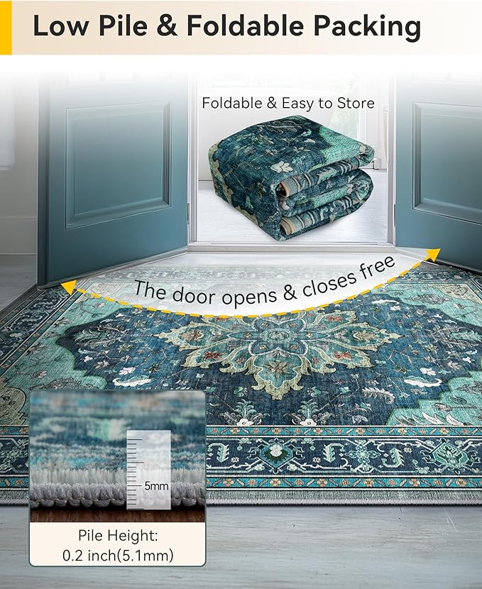 Area Rugs 4'x5' Washable Non-Slip, Floral Vintage Distress Print Pattern Medallion Carpet for Living Room Bedroom Dining Room, Teal Green Lake Blue Turquoise