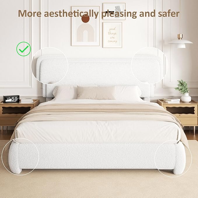 Full Size Boucle Platform Bed Frame, Upholstered Cloud with Adjustable Headboard, Anti-Collision Soft Rounded Corners, No Box Spring Required, Easy Assembly, Noise Free