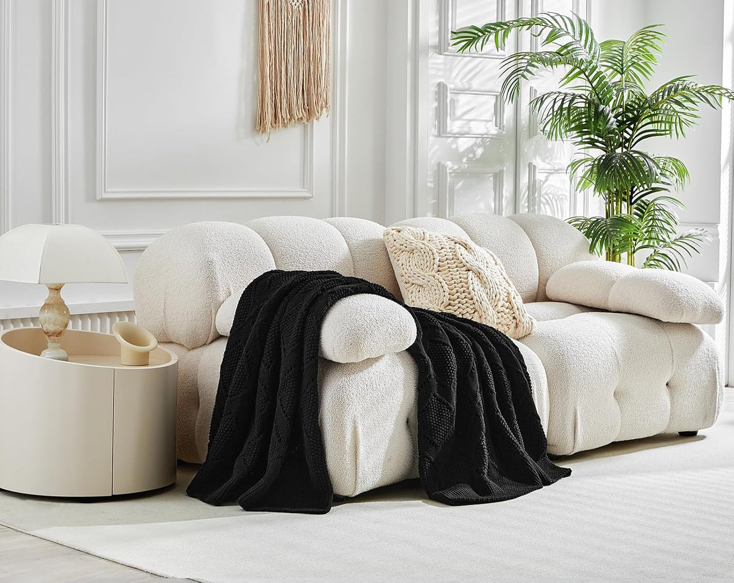 Longhui bedding Chunky Cotton Knit Throw Blanket for Couch, Sofa, Bed, or Chair, Decorative Breathable Fall Cable Knit Blanket 60 x 80 Inches, Large Black