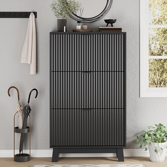 Shoe Cabinet with 3 Flip Drawers, 54" Tall Narrow Fluted Shoe Storage Organizer for Entryway, Hidden Slim Wooden Shoe Rack Cabinet for Front Door Entrance, Hallway, Living Room, Solid Black