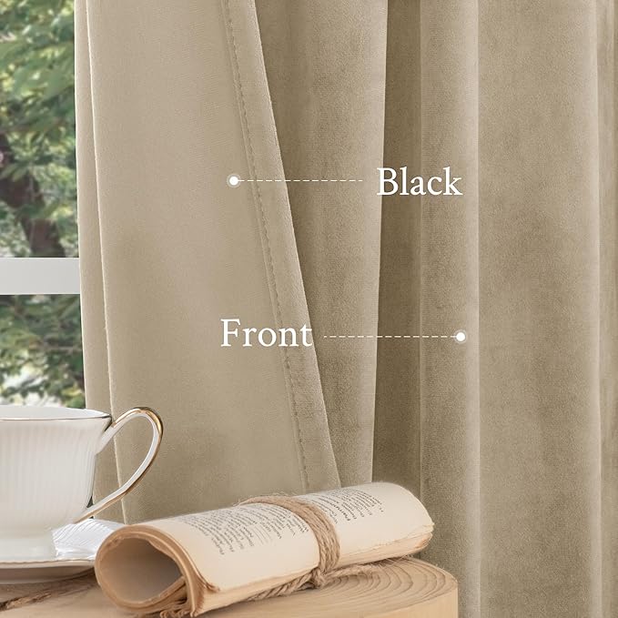LAMIT Taupe Velvet Curtains 120 Inch for Living Room, Thick Thermal Insulated Room Darkening Drapes Super Soft Elegant Back Tab and Rod Pocket Panels for Sliding Glass Door, 2 Panels, 52 x 120 Inch