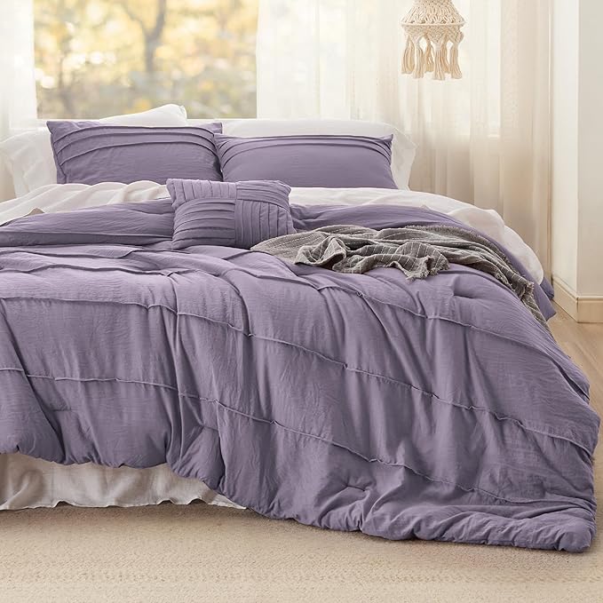 Bedsure Full Comforter Set - 4 Pieces Pinch Pleat Bed Set, Purple Boho Bedding for All Season, 1 Soft Comforter, 2 Pillowcases, 1 Decorative Pillow