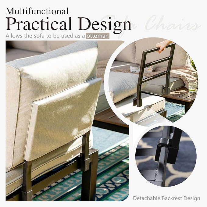 Sophia & William 6 Pieces Patio Furniture Set, Outdoor Metal Sectional Sofa, Patio Conversation Set-2 x Single Sofa with Side Table,1 x Loveseat,2 x Single Couch,1 x Tea Table(Beige Grey)