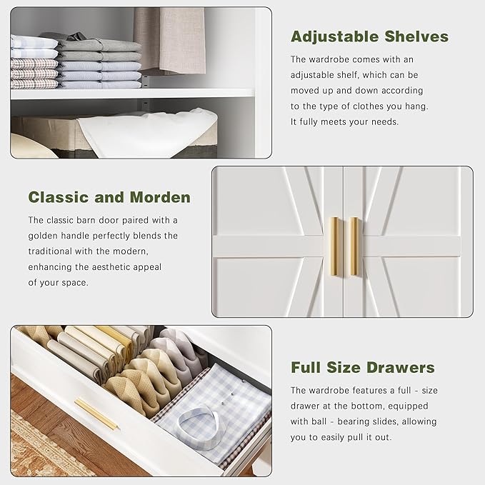 COFaR 71 Farmhouse Metal Wardrobe Closet with Hanging Rod, 2 Barn Doors, Adjustable Shelves, Steel Armoire with Drawer for Home, Bedroom White