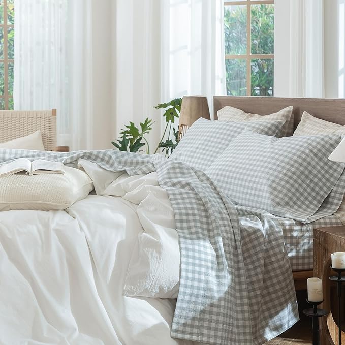 MooMee Gingham Sheet Set 100% Washed Cotton Linen Like Textured Breathable Soft w/Fully Elasticized 16-19" Deep Pocket (Classic Gingham Northern Droplet Grey, King)