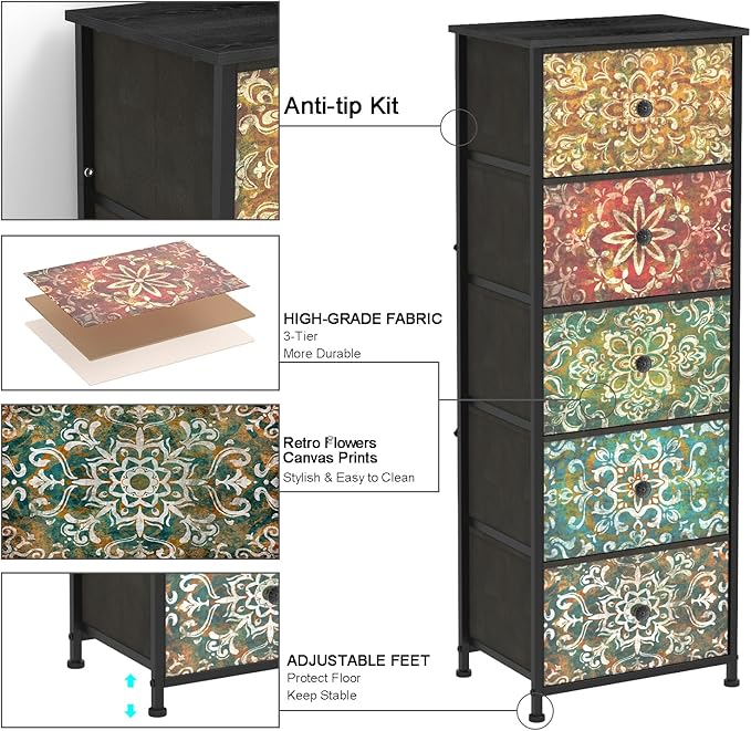 GiftGo Retro Dresser with Fabric Drawers Boho Mandala Flower Chest of Drawers Narrow Storage Tower for Small Spaces Gaps Bedroom Beautiful Nightstand Living Room Table (Mandala, 5 Drawers)