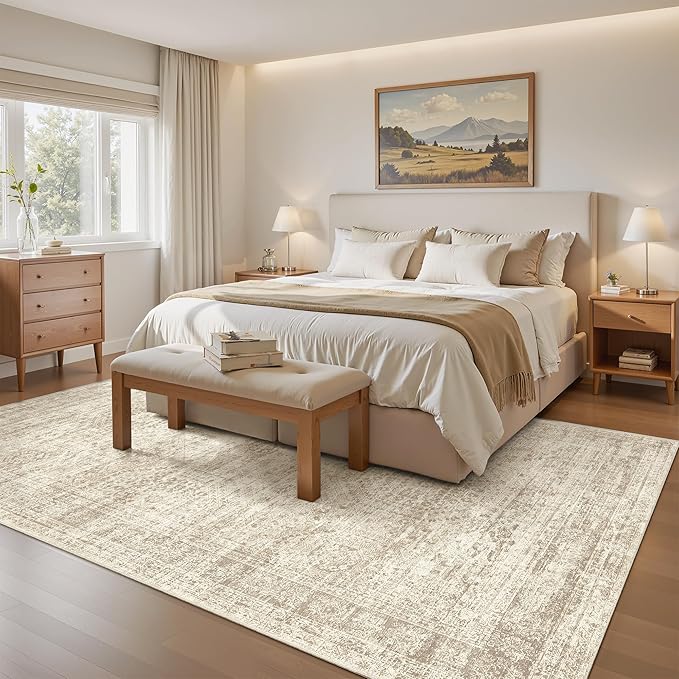 7x9 Area Rug for Living Room Washable Abstract Vintage Soft Thin Indoor Floor Non-Slip Carpet for Bedroom Dining Room Beige