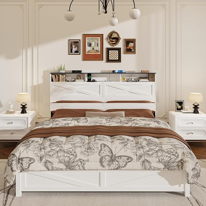 King Size Bed Frame with Wooden Storage Headboard, Farmhouse Platform Bedframe with LED Lights and Charging Station, Easy Assembly, No Box Spring Needed (White, King)