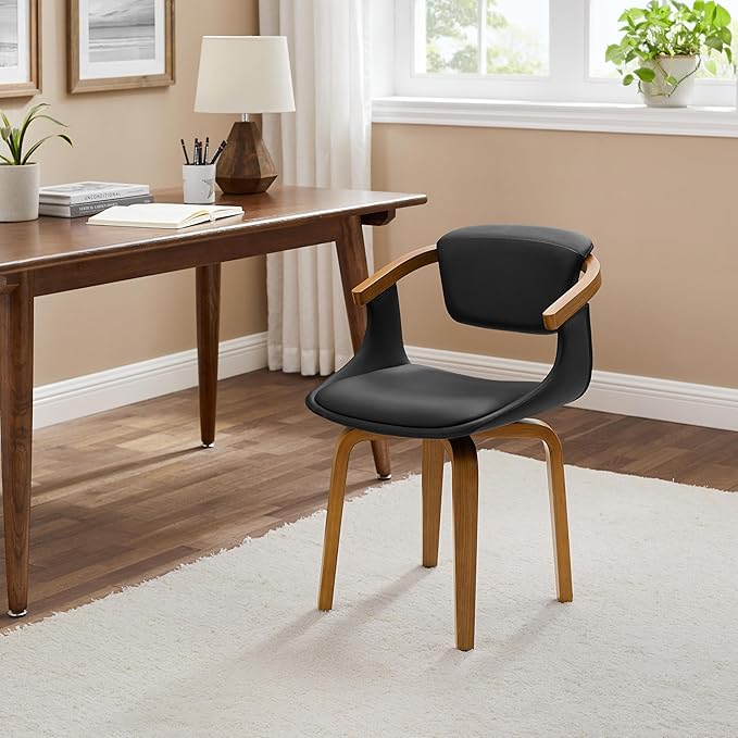 Art Leon Dining Chairs Set of 2 - Mid Century Modern Retro Faux Leather Chair, Small Comfy Upholstered Swivel Desk Chairs No Wheels, Black