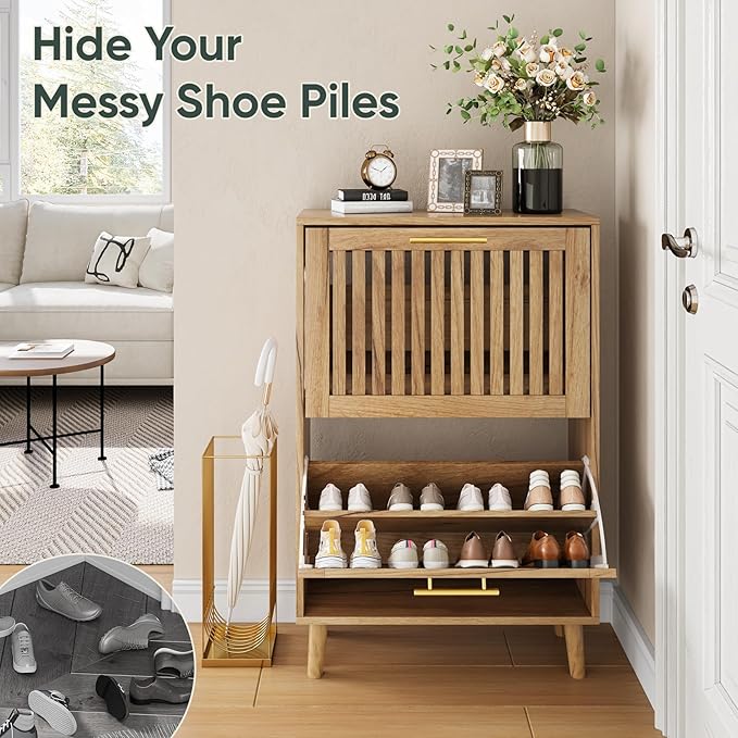Shoe Cabinet with 2 Flip Slatted Drawers, Farmhouse Slim Shoe Organizer Rack with Golden Handles, Freestanding Hidden Entryway Storage for Hallway, Natural Oak