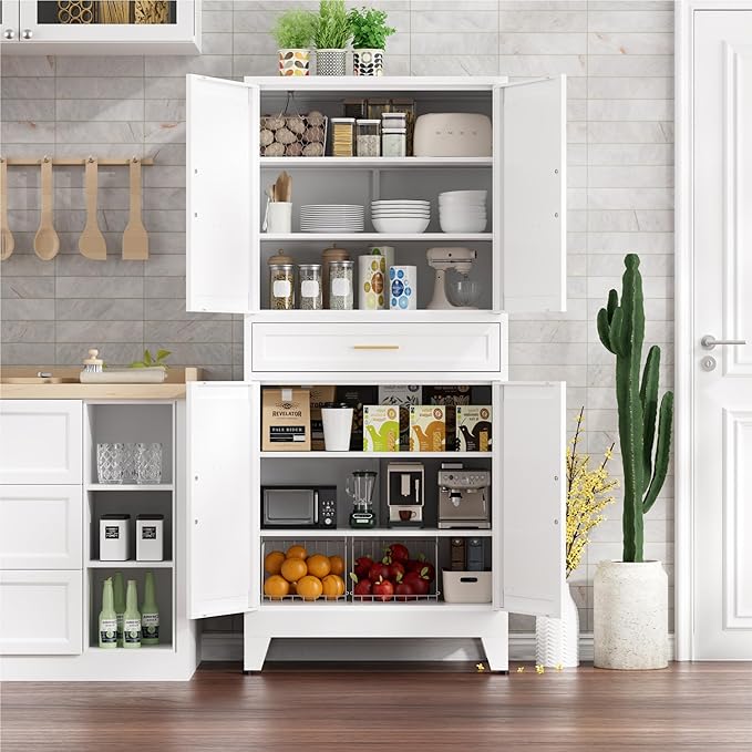 71" Tall Farmhouse Pantry Cabinet,Metal Cabinet with Adjustable Shelves and Drawer,Storage Cabinet for Kitchen Dining Room Garage,White