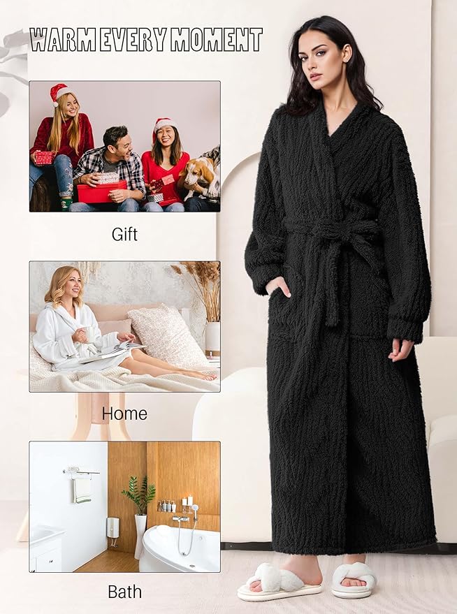 Artfasion Womens Long Fleece Robe - Warm Soft Floor Length Flannel Bathrobes for Winter Thicker Long House Coat with Pockets