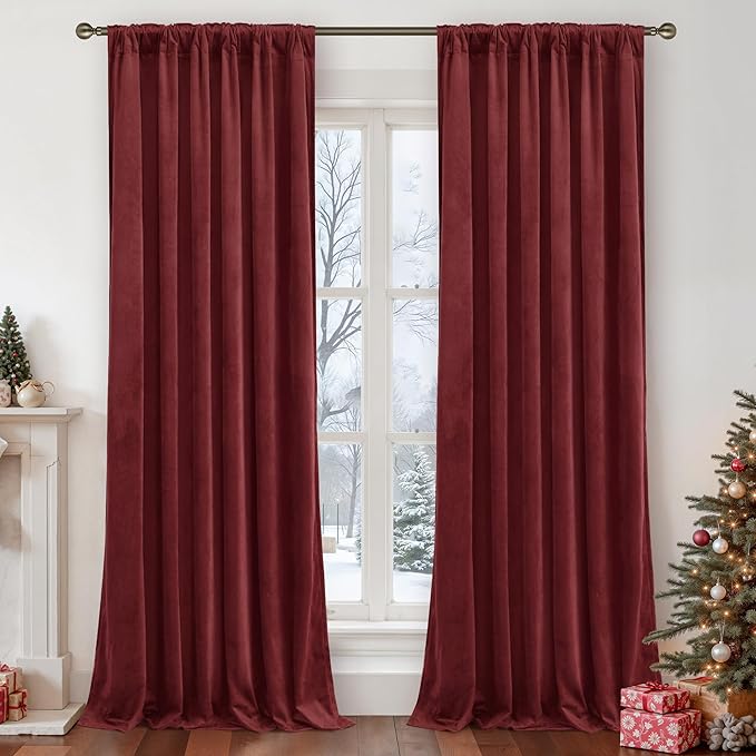 LAMIT Burgundy Red Velvet Curtains 120 Inch for Living Room, Vintage Thermal Blackout Panels Room Darkening Back Tab and Rod Pocket Christmas Decor Drapes for Bedroom/Theater, 2 Panels, 52 x 120 Inch
