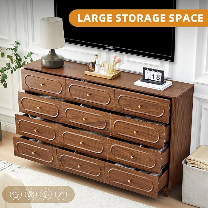 12 Drawer Fluted Dresser for Bedroom, Mid Century Modern Chest of Drawers, Wood Storage Small Dresser Organizer for Bedroom Living Room Hallway Closet, Walnut