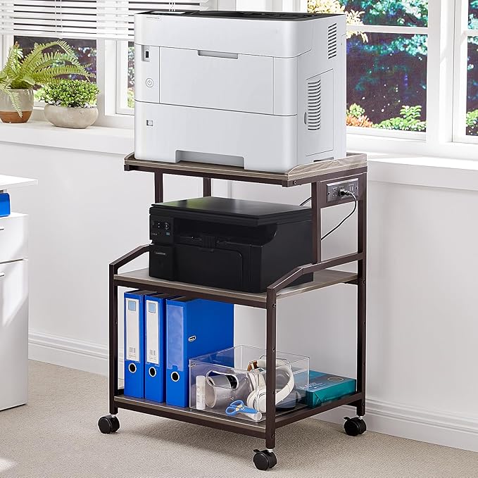 Lauren&Harold 34'' Printer Stand with Power Outlets & USB Ports, 3-Tier Adjustable Rolling Cart, Heavy Duty 150LBS Storage Table with Wheels for Office, Kitchen, Living Room, Grey/Bronze