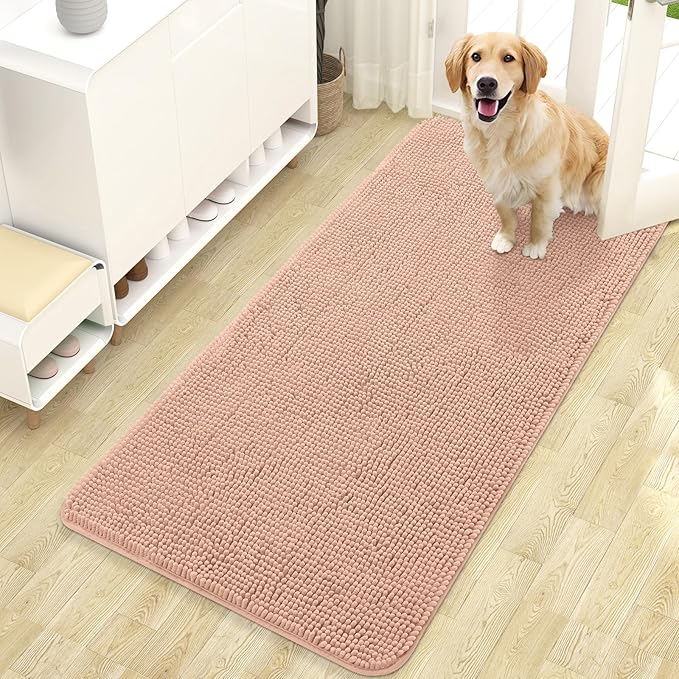 OLANLY Dog Door Mat for Muddy Paws 47x24, Absorbs Moisture and Dirt, Absorbent Non-Slip Washable Doormat, Quick Dry Chenille Mud Mat for Dogs, Entry Indoor Entryway Carpet for Inside Floor, Peach