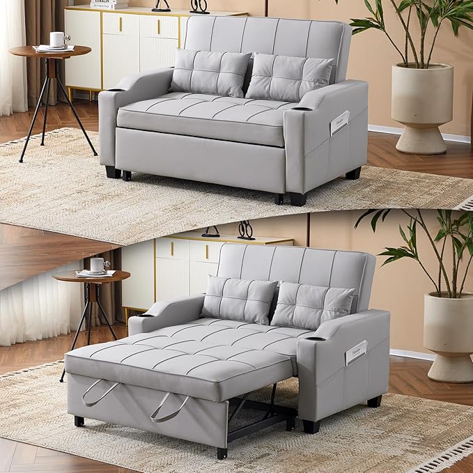 VINGLI Convertible Loveseat Sleeper, Light Grey Faux Leather Futon Sofa Bed Pullout Couch Bed with USB Ports, Cup Holders, Armrest for Living Room, Bedroom, Home Office Apartment