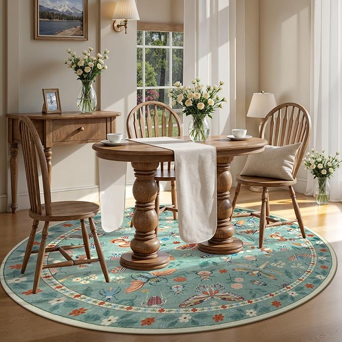 Lahome Insect Washable Round Area Rug, Soft Round Rugs 6ft Ultra-Thin Non-Slip, Boho Large Circle Carpet for Bedroom Living Room Kitchen Nursery, Green