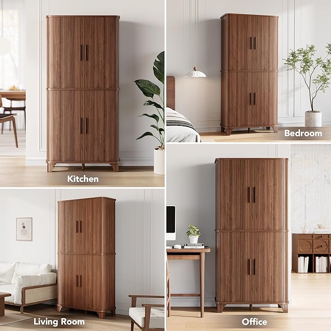 69" Tall Kitchen Pantry Storage Cabinet with Sliding Door, Modern Curved Edge Pantry Storage Cabinet with 5 Shelves, Cupboard for the Kitchen, Dining Room, Bedroom, Living Room, Office (Walnut)