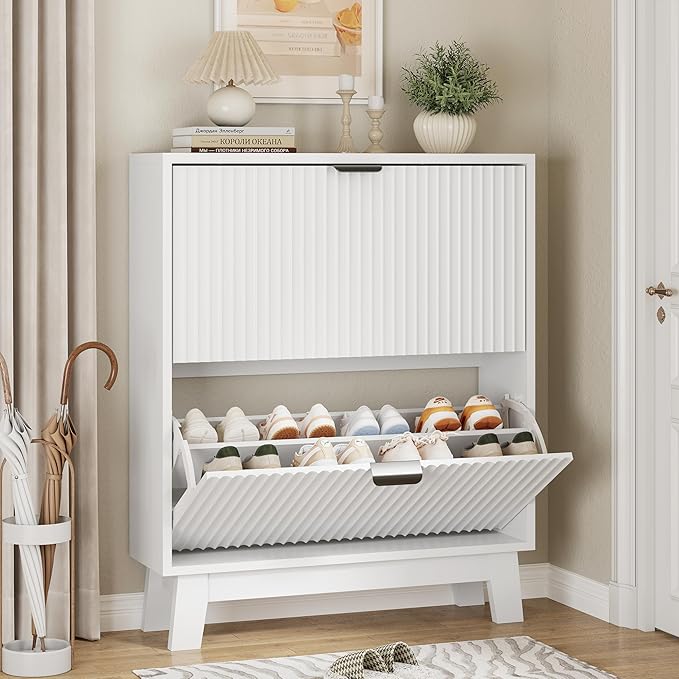 Shoe Cabinet with 2 Flip Drawers, 37" Tall Narrow Fluted Shoe Storage Organizer for Entryway, Hidden Slim Wooden Shoe Rack Cabinet for Front Door Entrance, Hallway, Living Room, Solid White