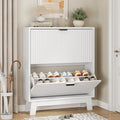 Shoe Cabinet with 2 Flip Drawers, 37" Tall Narrow Fluted Shoe Storage Organizer for Entryway, Hidden Slim Wooden Shoe Rack Cabinet for Front Door Entrance, Hallway, Living Room, Solid White