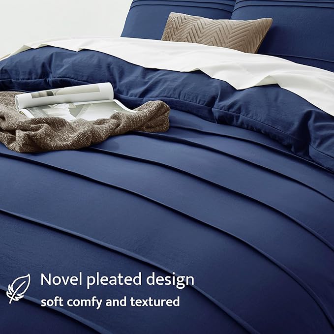 Oli Anderson Navy Blue Duvet Cover Queen Size - Pleated Queen Duvet Cover, 3PCS Soft and Breathable Textured Bedding Set with Zipper Closure(Navy Blue,90"x90")