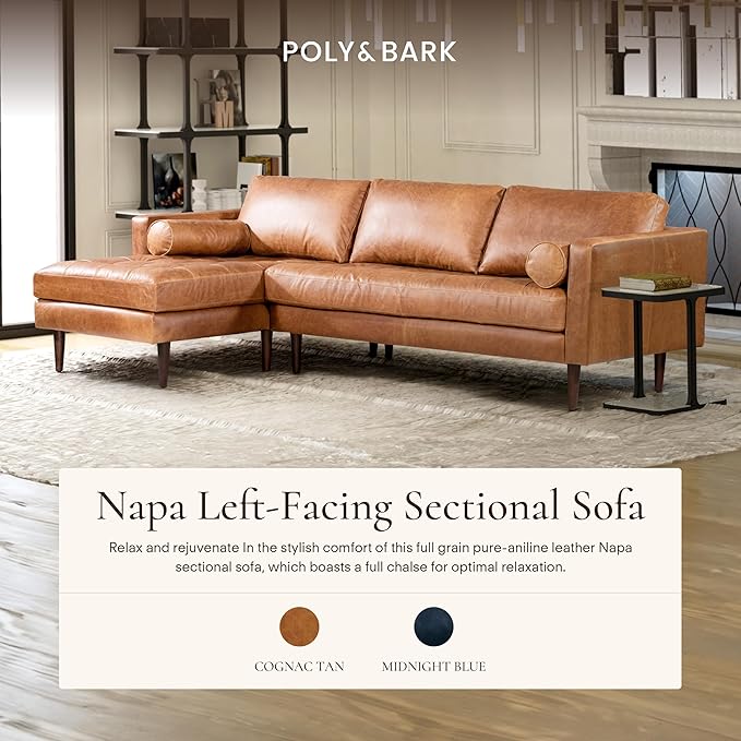 POLY & BARK Napa 104.5" Left-Facing Sectional Sofa – Cognac Tan Full-Grain Pure-Aniline Italian Leather, Feather-Down Cushions, Kiln-Dried Solid Wood Frame, Walnut Legs