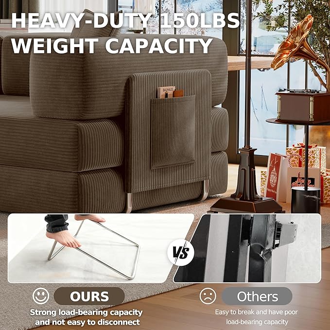 78.8" Convertible Futon Sofa Bed,Corduroy Futon Couch with Storage Pocket,Folding Pull Out Sofa,No Assembly Boneless Couch for Living Room,Brown