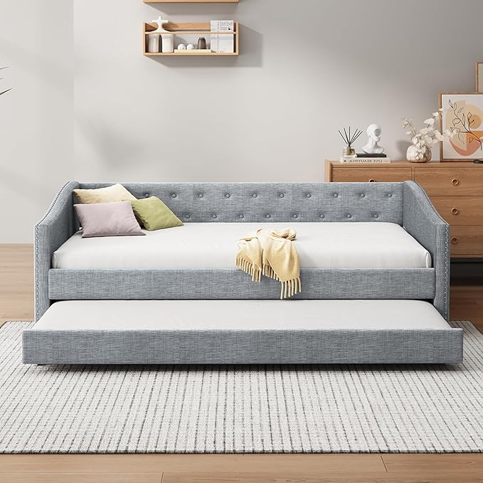 Favfurish Twin Size Daybed with Trundle Upholstered Day Bed Frame with Button Tufted Backrest and Nailhead Decorated Armrest for Living Room Bedroom,No Box Spring Needed,Light Grey